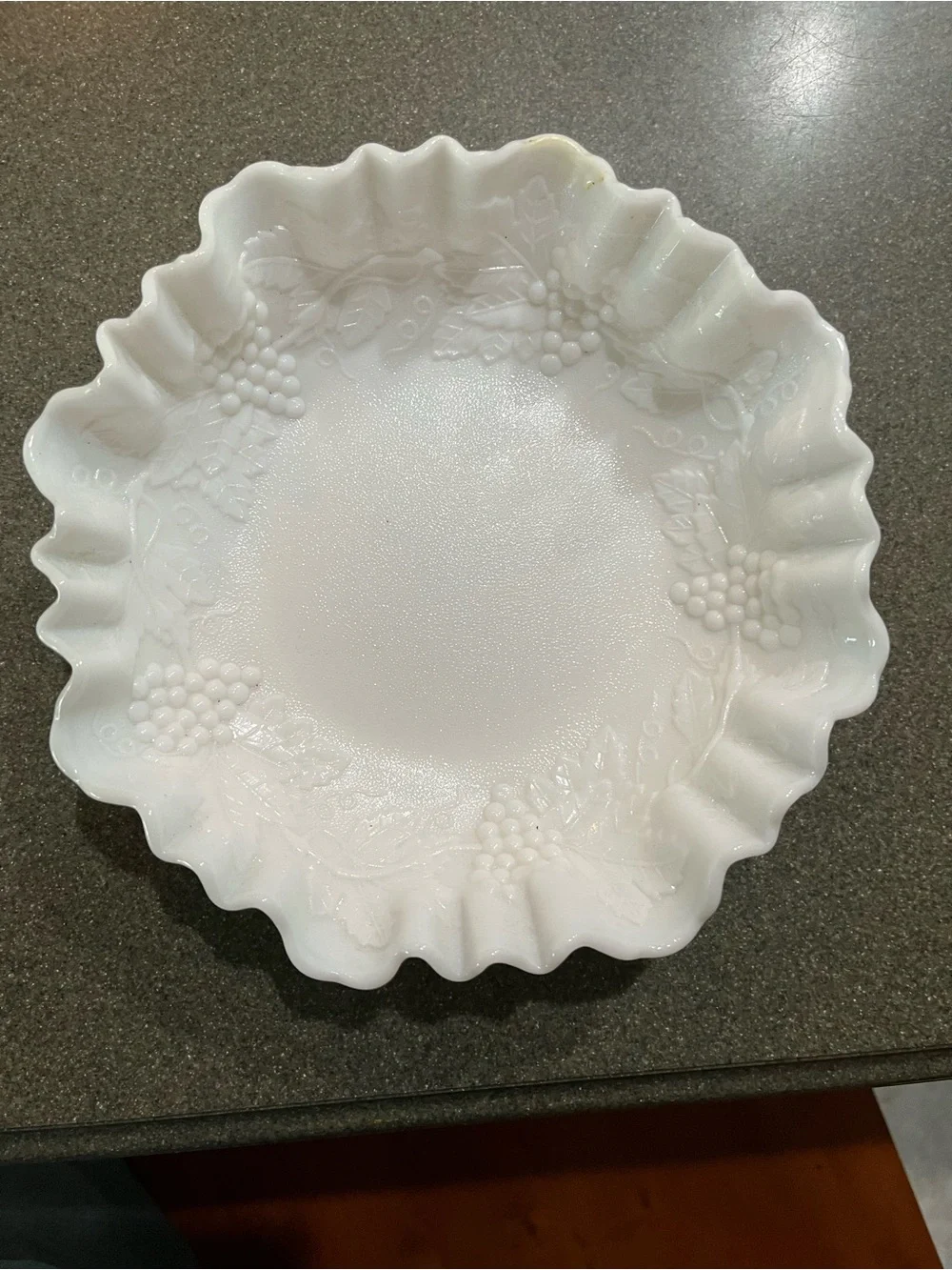 Classic White Ruffled Milk Glass Serving Bowl with Grape Relief